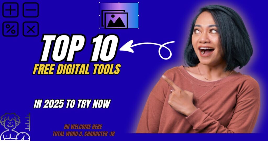accurate didital tools girl pointing towords the top 10 digital tools in blue background image
